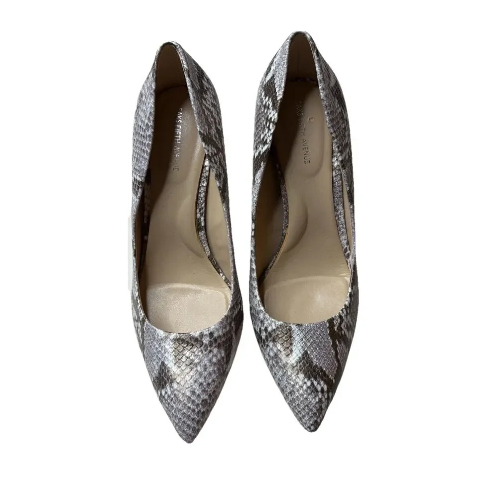 Saks Fifth Avenue Cady Cream Snake Black Multi Print Leather Heels Pumps Size 8M